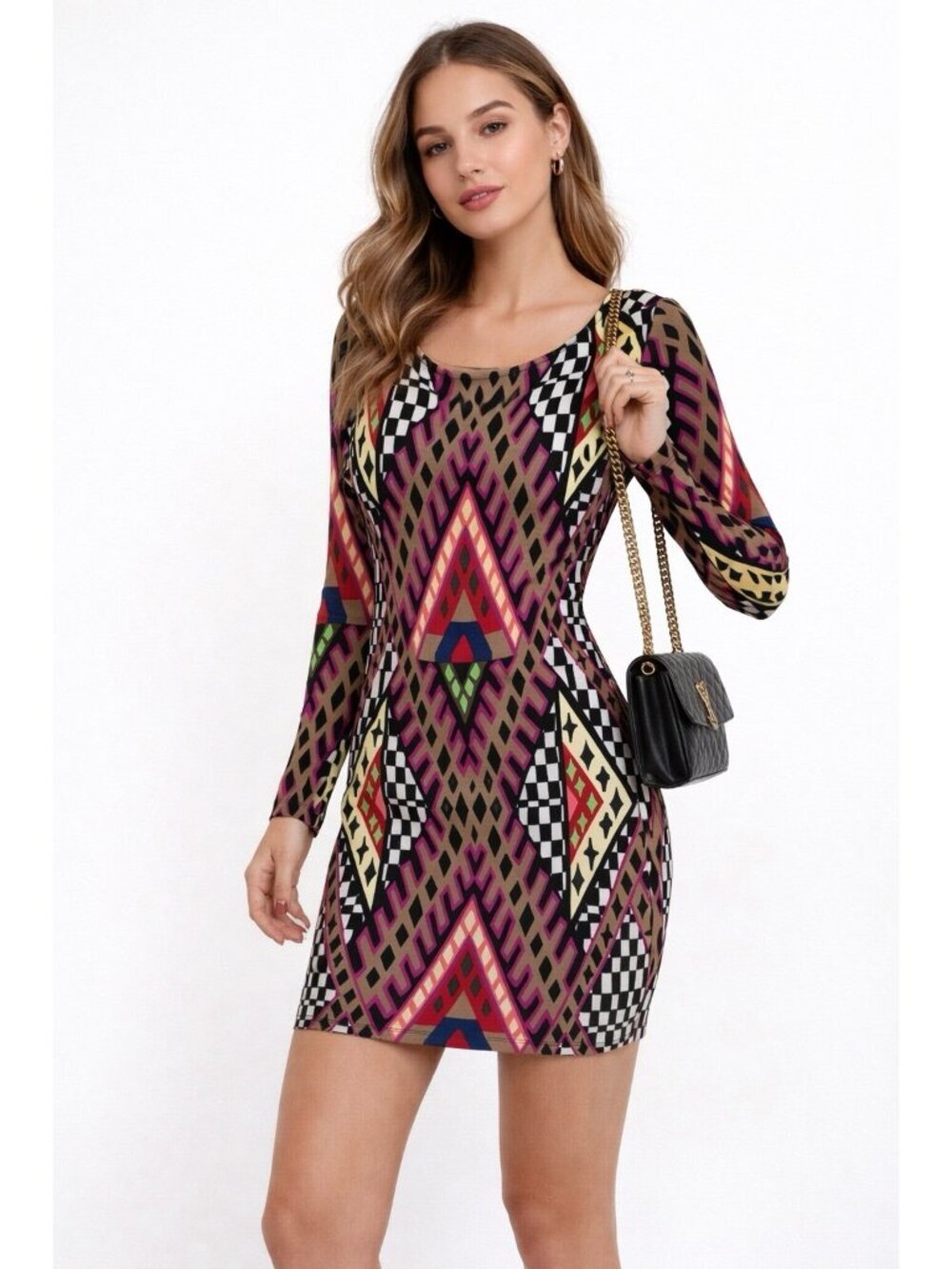 MARA HOFFMAN dress mini geometric print MEDIUM bodycon aztec retro long sleeve
